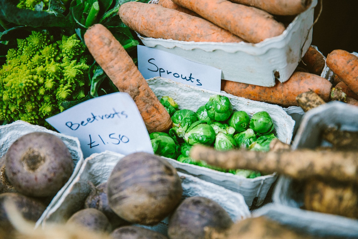 Fresh vegetables displayed at Usk Farmers’ Market in Wales