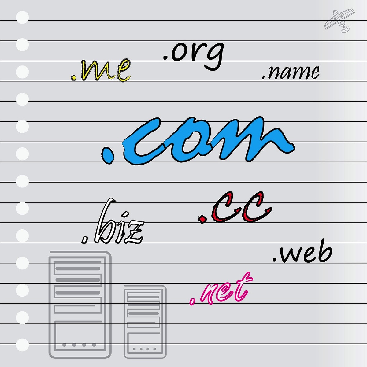 Illustration of common domain extensions including dot com, dot org and dot net