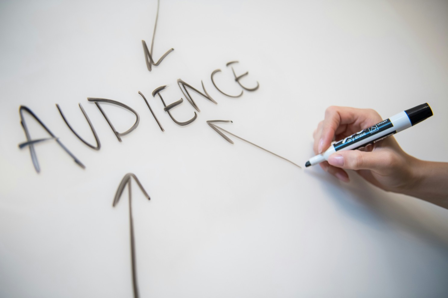 A person mapping the word audience and directional arrows on a whiteboard