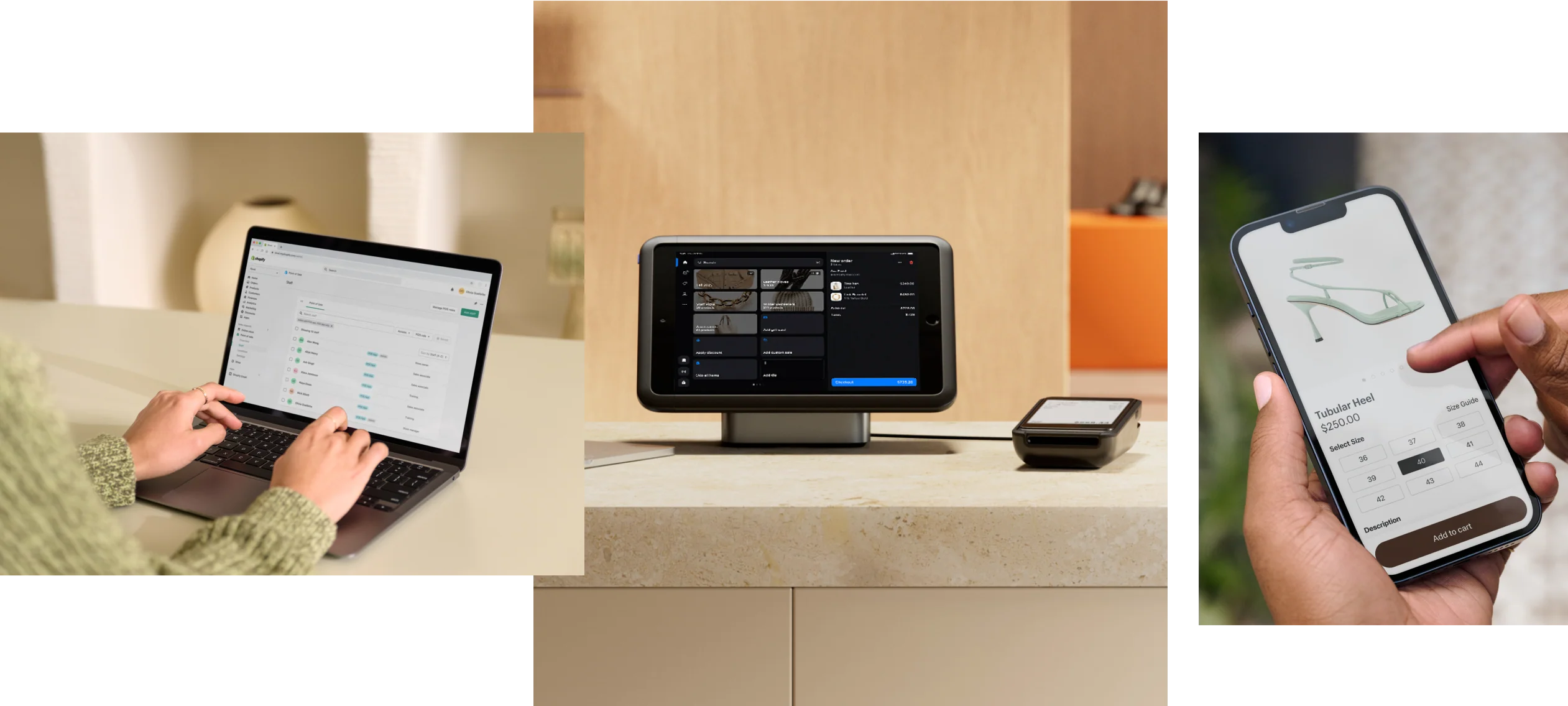 Shopify ecommerce tools shown across a laptop, point-of-sale terminal and mobile phone