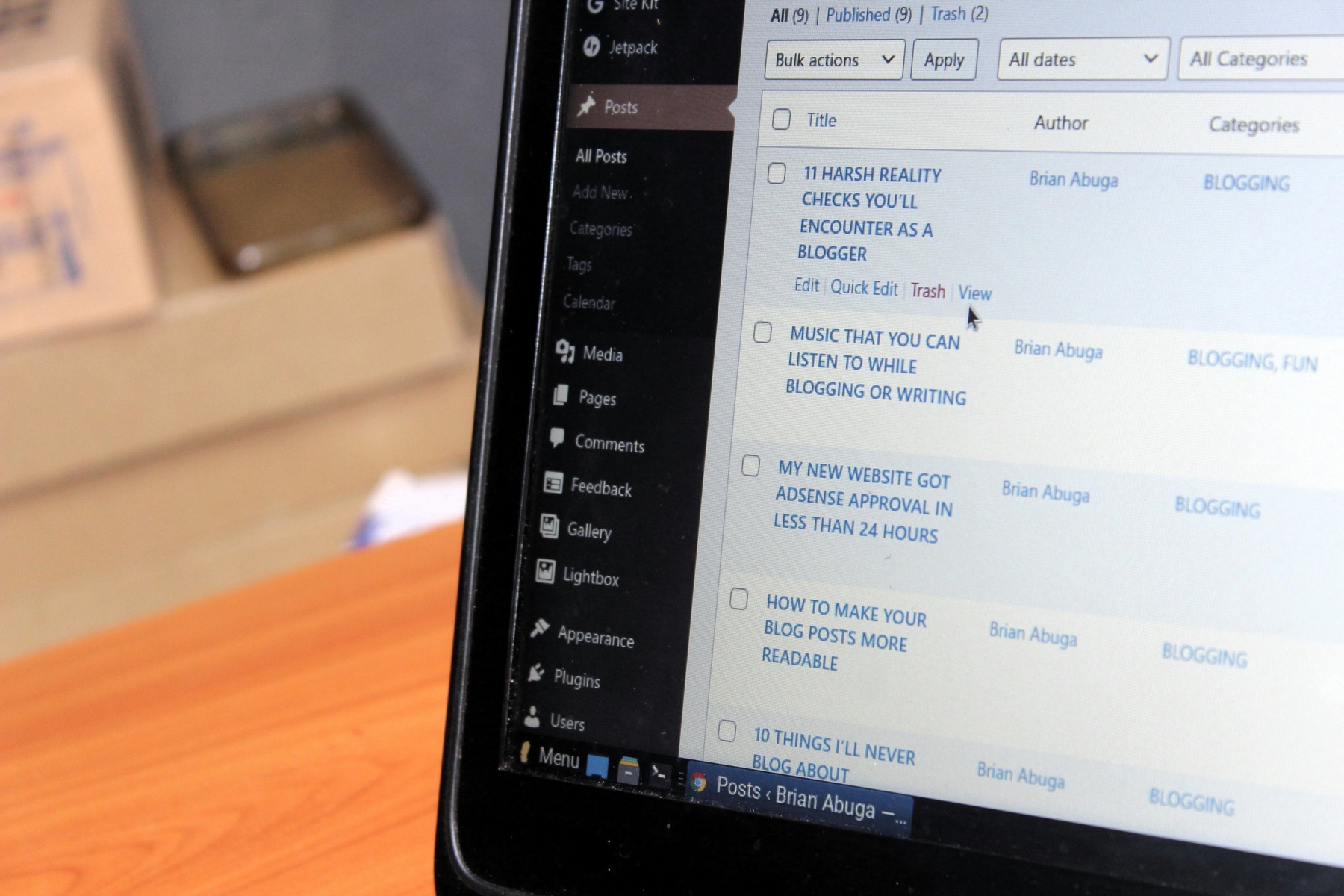 WordPress dashboard displaying a list of published blog posts