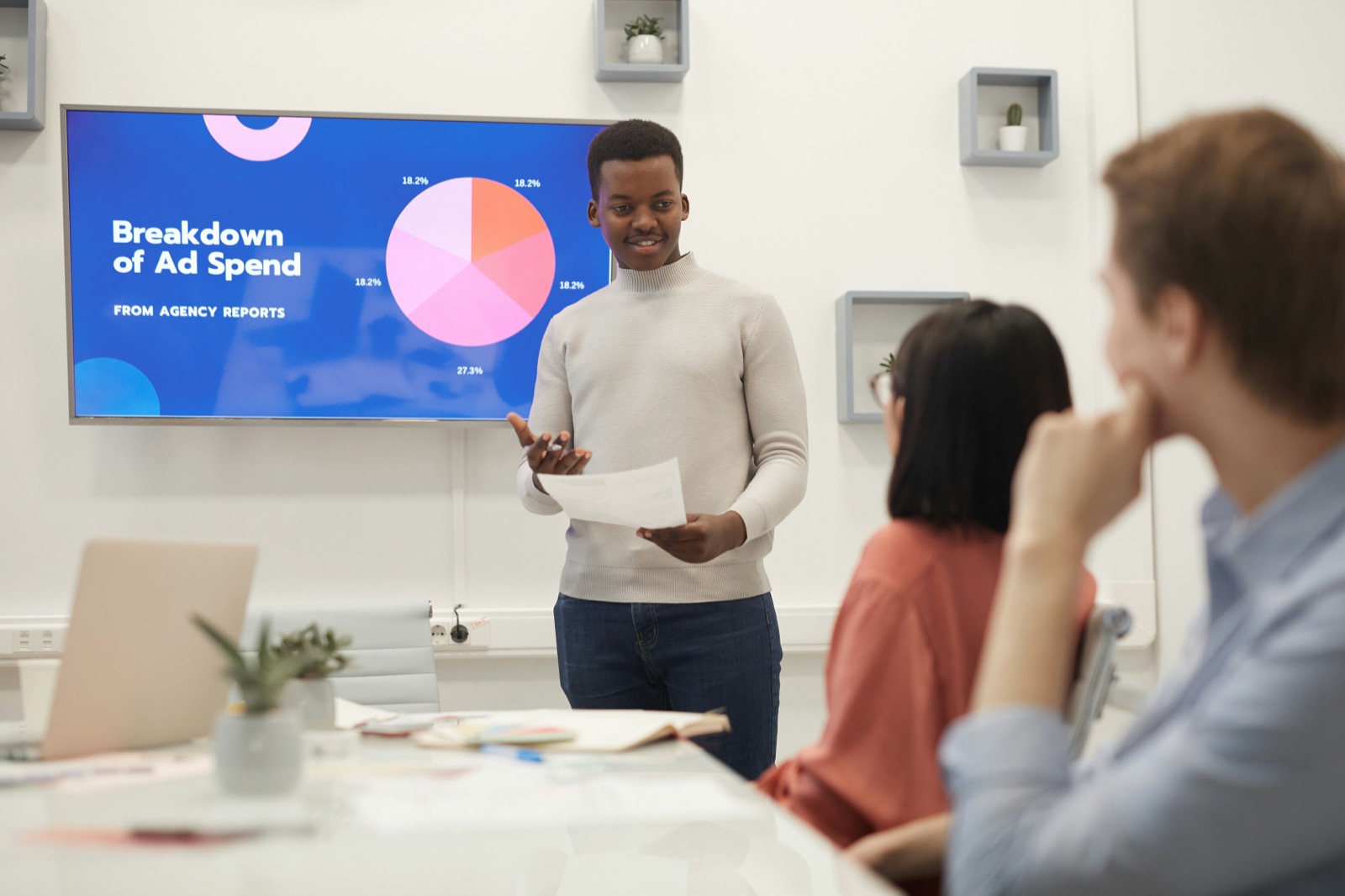 Marketing presentation showing an ad spend chart