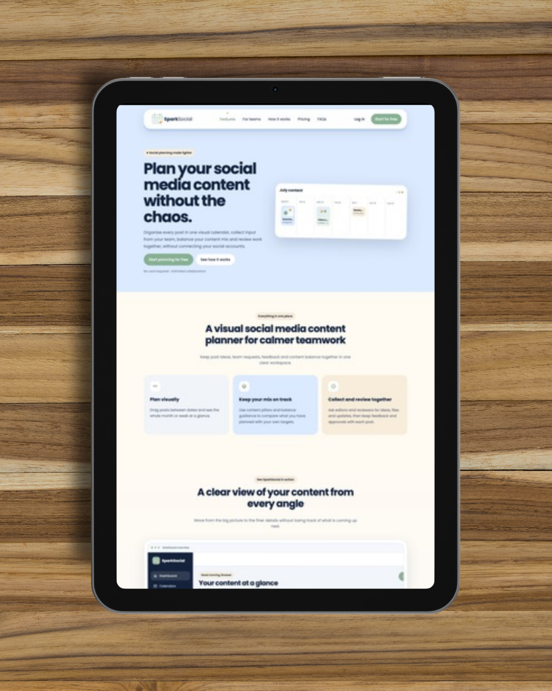 Tablet displaying the SparkSocial website and social media content planner