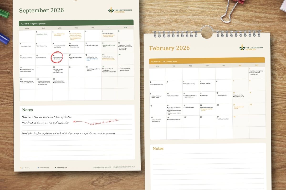 September and February pages inside the printable 2026 marketing calendar