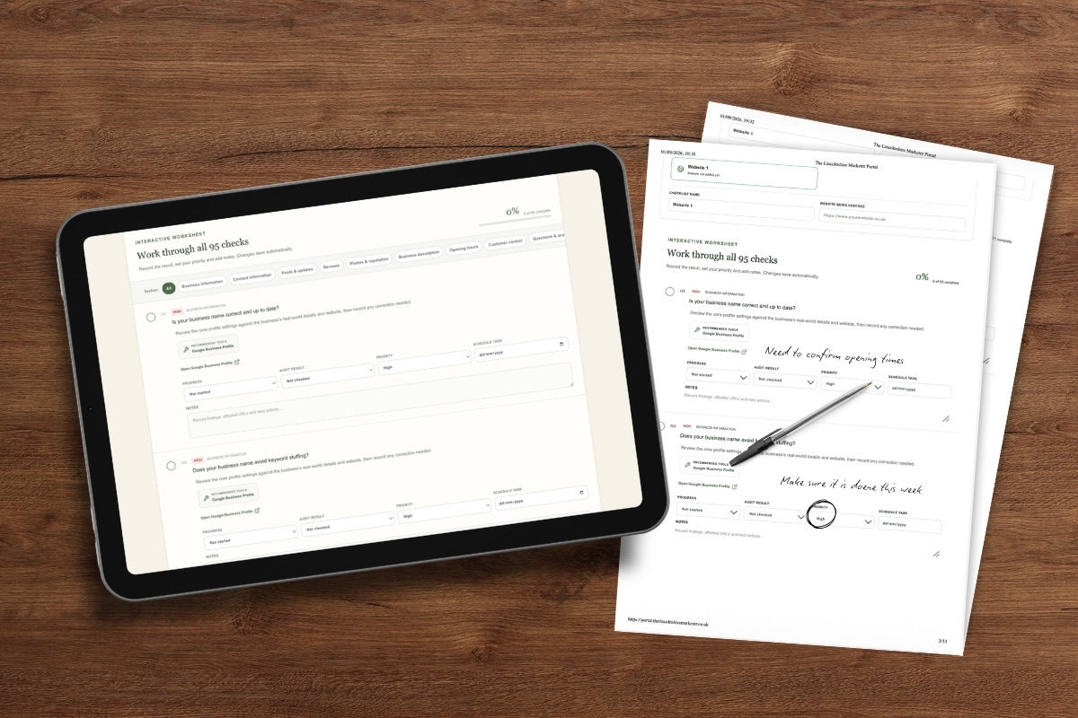 Tablet and printed worksheet displaying an interactive Google Business Profile checklist