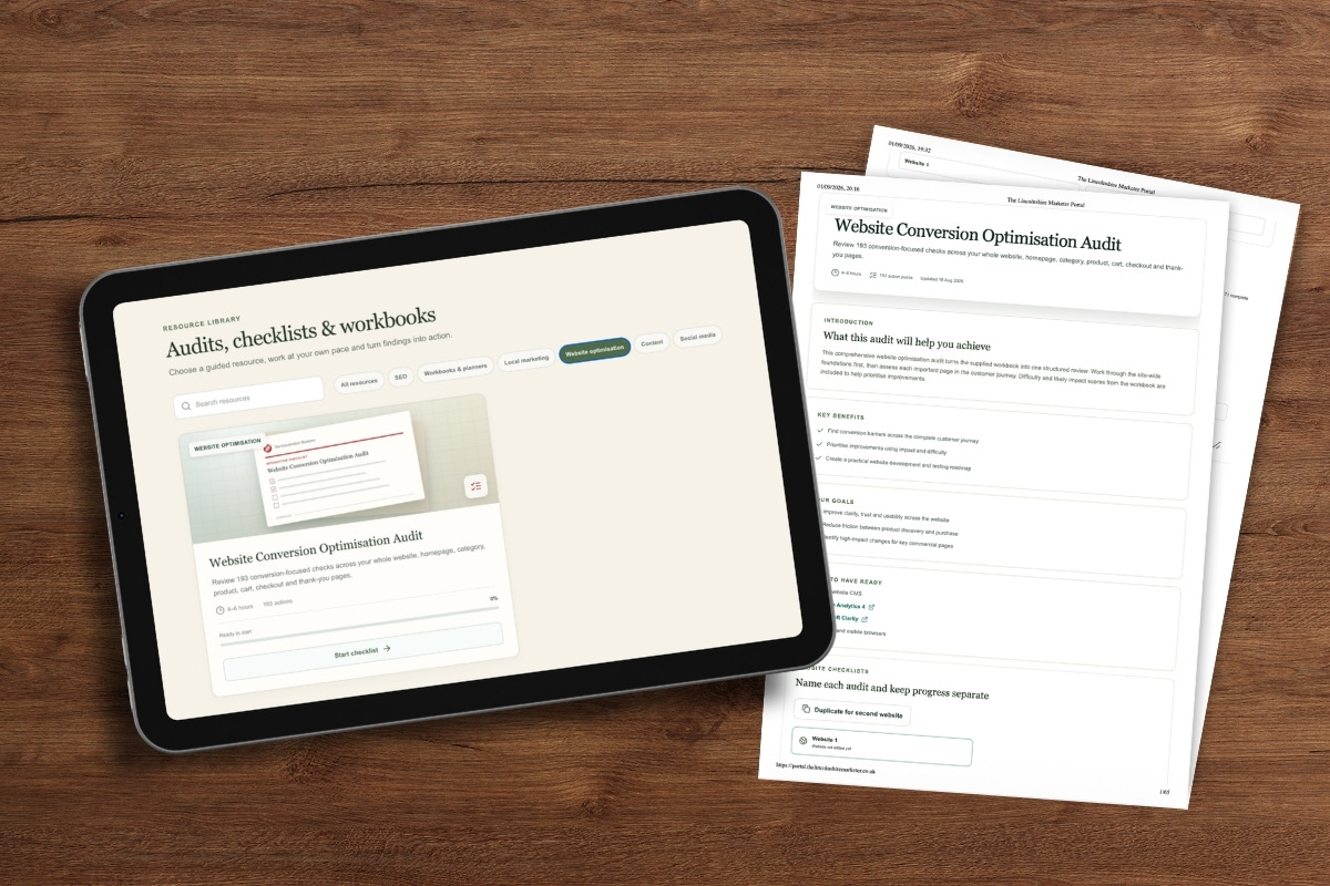 Tablet displaying a website conversion optimisation audit beside a printed audit worksheet