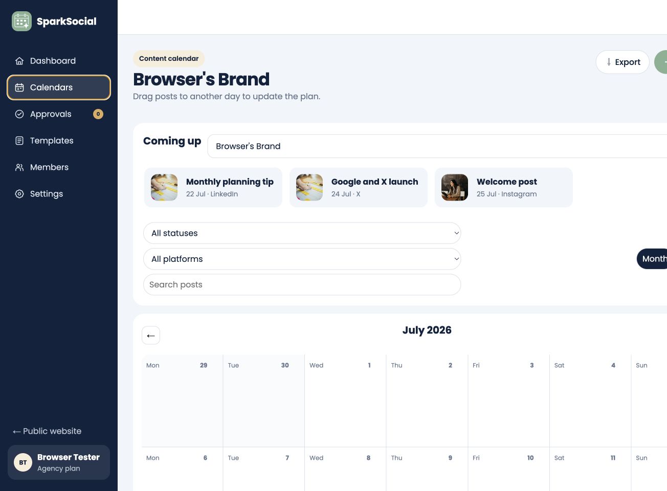 SparkSocial visual calendar showing planned social media posts across a month