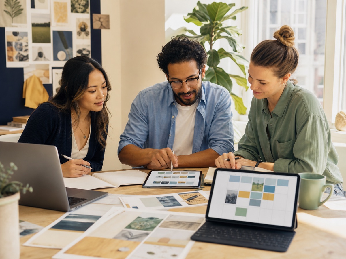 People collaborating around a laptop while planning marketing content