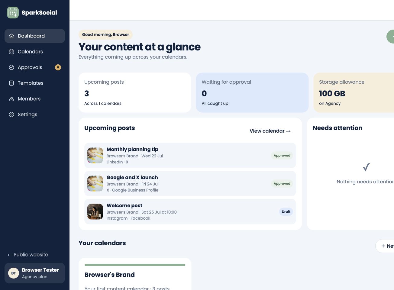 SparkSocial dashboard showing upcoming posts, approvals and content calendars