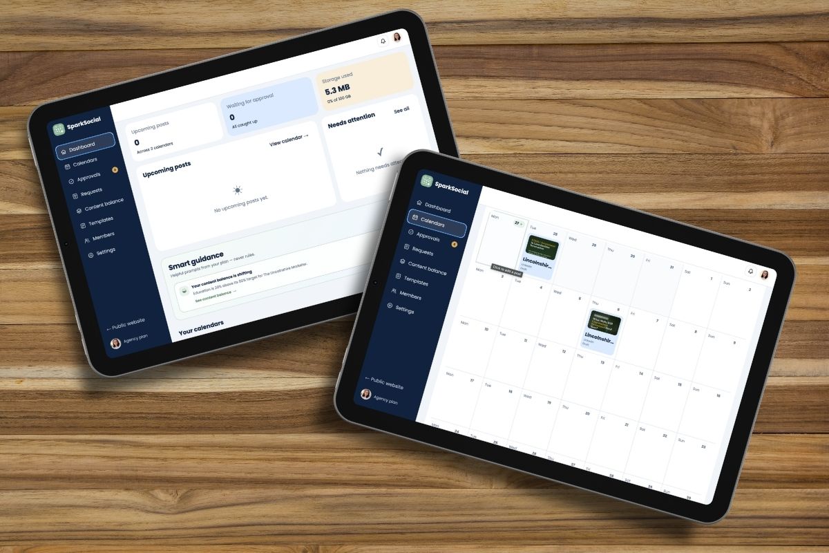 SparkSocial dashboard and monthly content calendar displayed on two tablets