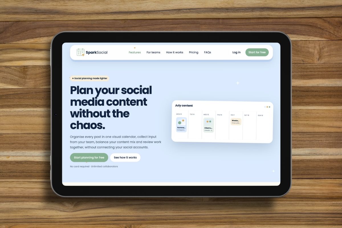 Tablet displaying the SparkSocial website and visual social media planner